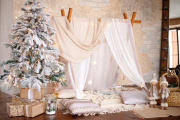 Christmas decorated bedroom interior. Cozy home moment. Concept Happy New Year