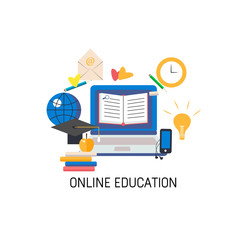 Vector illustration. Icon of laptop with different elements for online education. 