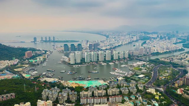 sunset time famous sanya bay cityscape aerial panorama timelapse 4k china
