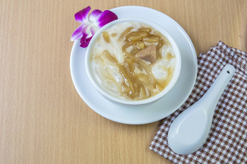 Thai dessert, rice noodles made of rice eaten with coconut cream, sweet food, focus Taro