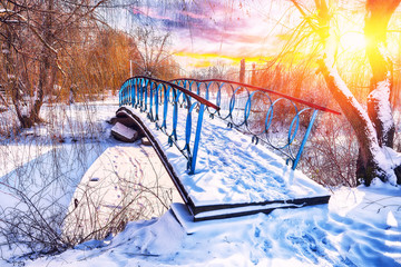 Winter ijzige bomen en oude besneeuwde brug in het winterpark