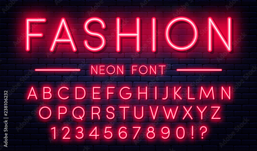 Wall mural Neon alphabet with numbers. Red neon style font, fluorescent lamps on brick wall background