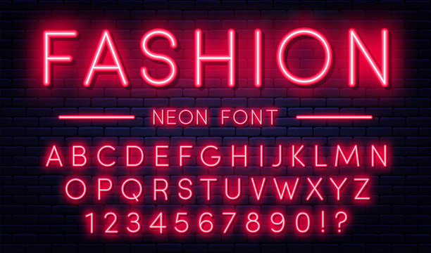 Neon alphabet with numbers. Red neon style font, fluorescent lamps on brick wall background