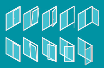 Isometric modern white plastic windows set with transparent glass. Vector illustration of open and close window.