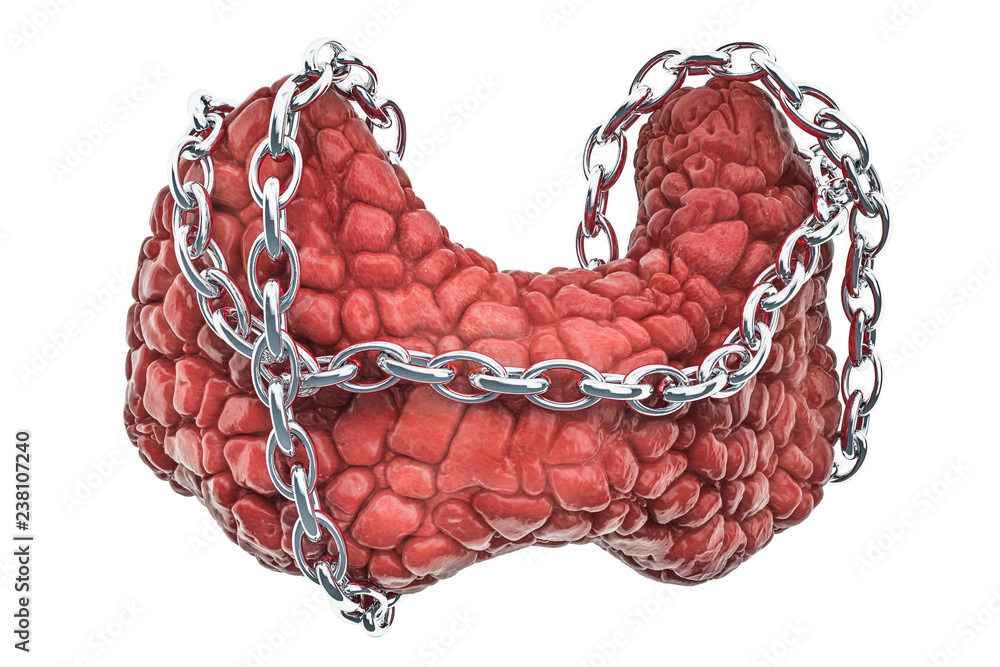 Poster thyroid disease concept. human thyroid with chain. 3d rendering