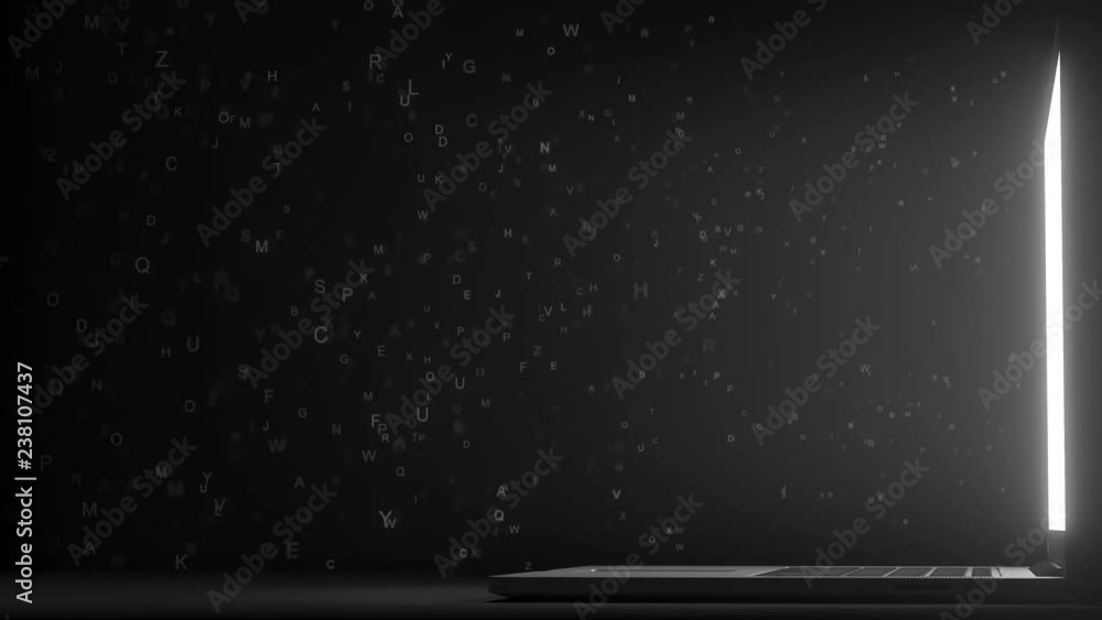 Poster letters flow from opening laptop in the dark. internet information overload conceptual 3d animation