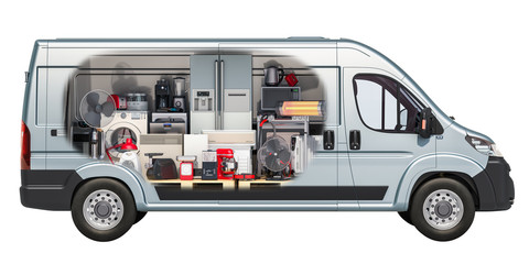 Fototapeta premium Commercial delivery van with home electronics inside. Delivery of household and kitchen appliances concept. 3D rendering