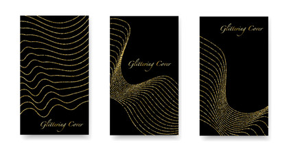 Fototapeta na wymiar Luxury Christmas golden garlands. Set of black and gold covers, templates, printing elements, cards. Round glowing confetti, festive tinsel, magic design for printing. Glowing Vector Texture.
