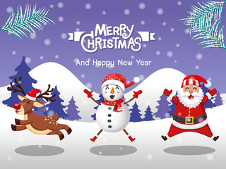 Merry Christmas. Funny Snowman, Reindeer, santa claus in Christmas snow scene winter landscape. decorative element on holiday. Vector illustration.