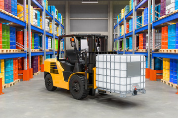 Chemical storehouse with intermediate bulk container on the forklift truck and pallet racks with chemical tanks, 3D rendering