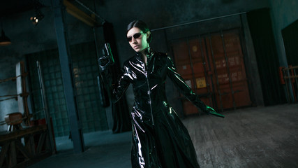 Computer viruses and cybersecurity, concept. young woman dressed in matrix style.