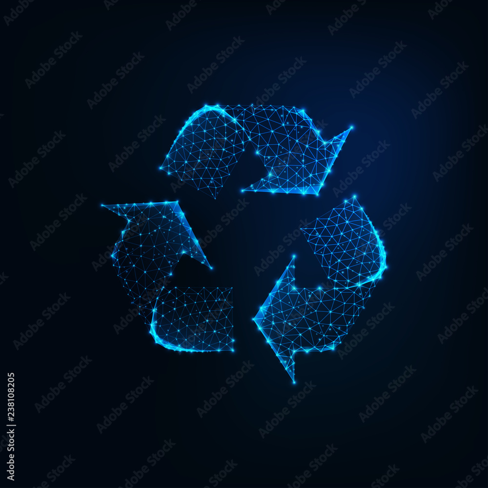 Wall mural glowing low poly recycle sign icon mafe of connected lines, stars, triangles on dark blue background