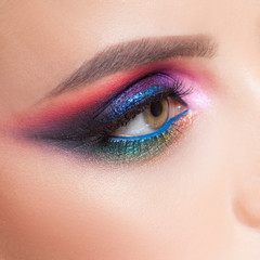 Amazing Bright eye makeup in luxurious blue shades. Pink and blue color, colored eyeshadow