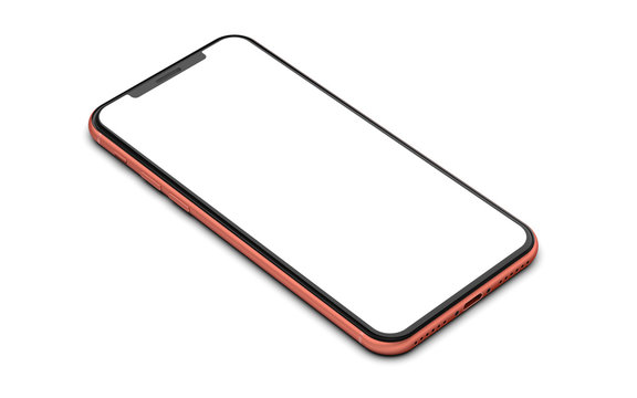 Orange smartphone with blank screen, isolated on white background. Template, mockup.