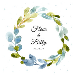 wedding badge with watercolor leaves frame