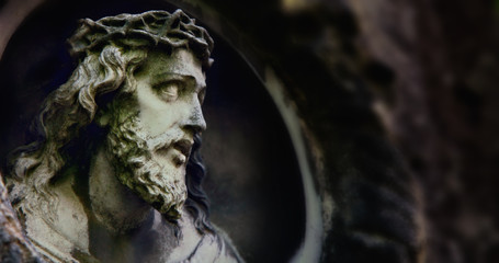 Fototapeta na wymiar Marble antique statue suffering of Jesus Christ crown of thorns