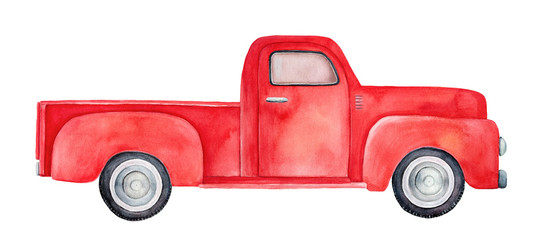 Side view of red retro pick-up truck. Hand drawn water color graphic painting with beautiful colour gradient on white backdrop, cutout art element for design, decoration, greeting cards, invitations.  © Julija