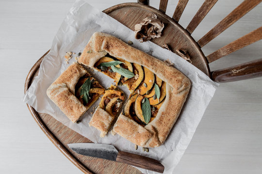 Pumpking galetter with sage and black garlic