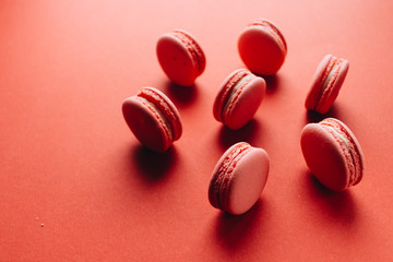 Copy space, Flat lay, Table, Color, Red, Background, Food, Cuisine, Pastry, Tasty, Delicious, Appetizing, Sweet, Dessert, Menu, French, Pink, Eat, Gourmet, Cafe, Composition, Sugar, Calories, Confecti