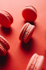 Copy space, Flat lay, Table, Color, Red, Background, Food, Cuisine, Pastry, Tasty, Delicious, Appetizing, Sweet, Dessert, Menu, French, Pink, Eat, Gourmet, Cafe, Composition, Sugar, Calories, Confecti