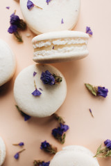 Fototapeta na wymiar Composition of delicious macaroons and purple flowers