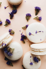 Composition of delicious macaroons and purple flowers