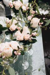 Beautiful spring bouquet with pink and white tender flowers, wedding decoration