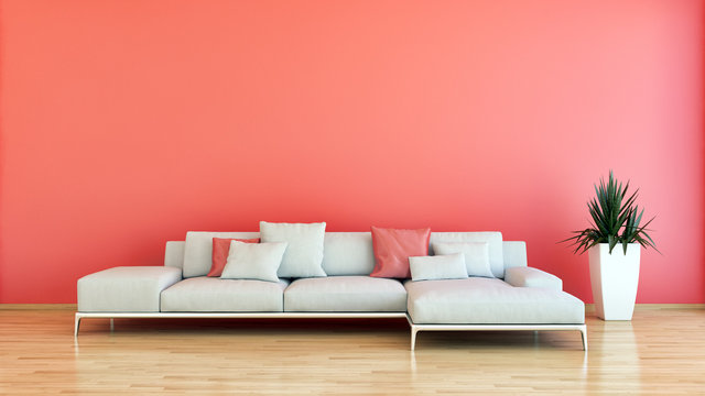 large luxury modern bright interiors Living room korall red illustration 3D rendering computer digitally generated image
