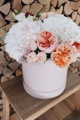 Beautiful spring bouquet with tender flowers in box