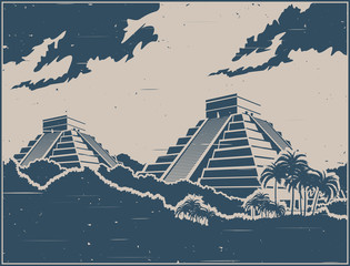 Mayan pyramids retro poster - obrazy, fototapety, plakaty