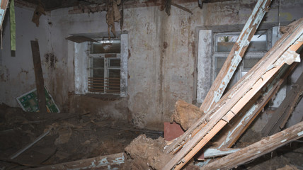 inside view of a deserted run down building, background and texture
