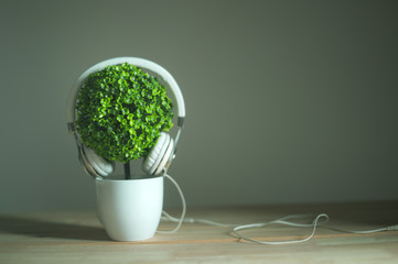 headphones and artificial tree with morning light relax background music concept.