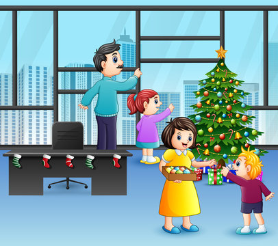 Cartoon of Happy family decorating a christmas tree