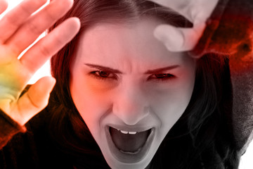 Close up on scared victim woman face.