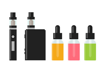 Vaping device and accessory. Electronic cigarette and bottles with vape liquid. e- liquid, e-juice. Mockup of Vape bottle with liquid. Isolated vector illustration on white background.