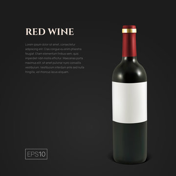 Photorealistic bottle of red wine on a black background. Mock up transparent bottle of wine. Template for product presentation or advertising in a minimalistic style.