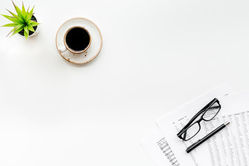 Pencil, glasses, documents, coffee for business lunch in office white background top view copyspace