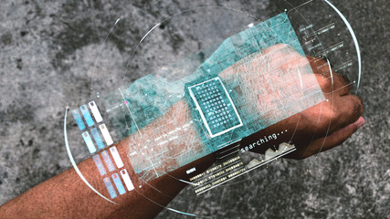 A futuristic concept of advance communication technology depicting a holographic watches display...