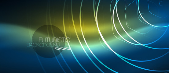Neon glowing lines, magic energy space blue light concept, abstract background wallpaper design