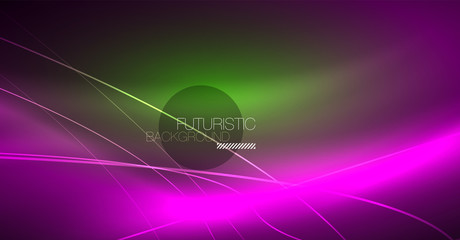 Neon glowing magic background, neon banner, night sky wallpaper. Magic light effect. Christmas abstract pattern.