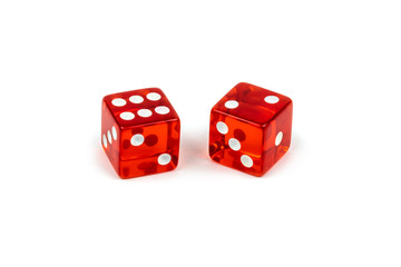 Two red glass dice isolated on white background. Six and two.