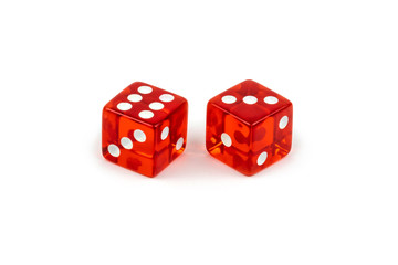 Two red glass dice isolated on white background. Six and three.