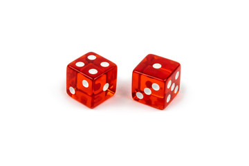 Two red glass dice isolated on white background. Four and one.