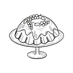 Christmas cake with berries and almonds, line drawing, traditional sweet bread glazed with sugar icing, decorated with cranberry or currants, holiday dessert vector sketch for outline coloring book.