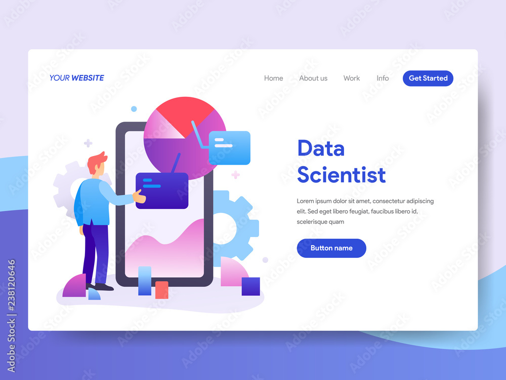 Poster landing page template of data scientist concept. modern flat design concept of web page design for w