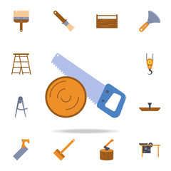 color saw and log icon. Detailed set of color construction tools. Premium graphic design. One of the collection icons for websites, web design, mobile app