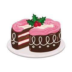 Christmas cake with holly mistletoe berries, traditional sweet dish glazed with sugar icing and decorated with whipped cream, isolated on white background, Xmas holiday dinner flat cartoon vector. 