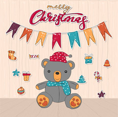 Fototapeta premium Cute teddy bear doodle background for merry christmas card vector and illustration.