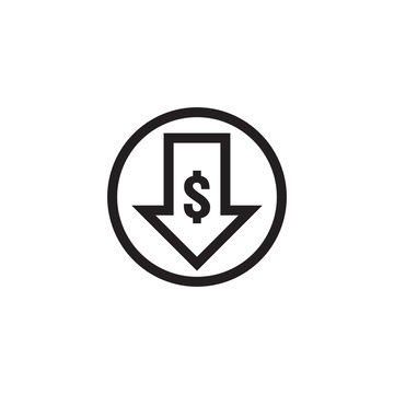 dollar arrow decrease icon. Money arrow symbol. economy stretching rising drop fall down. Business lost crisis decrease. lower cost, reduction bankrupt icon. vector illustration.