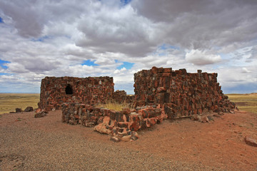 Agate House in Petrified Forest National Park, Arizona, a partially restored thousand year old...